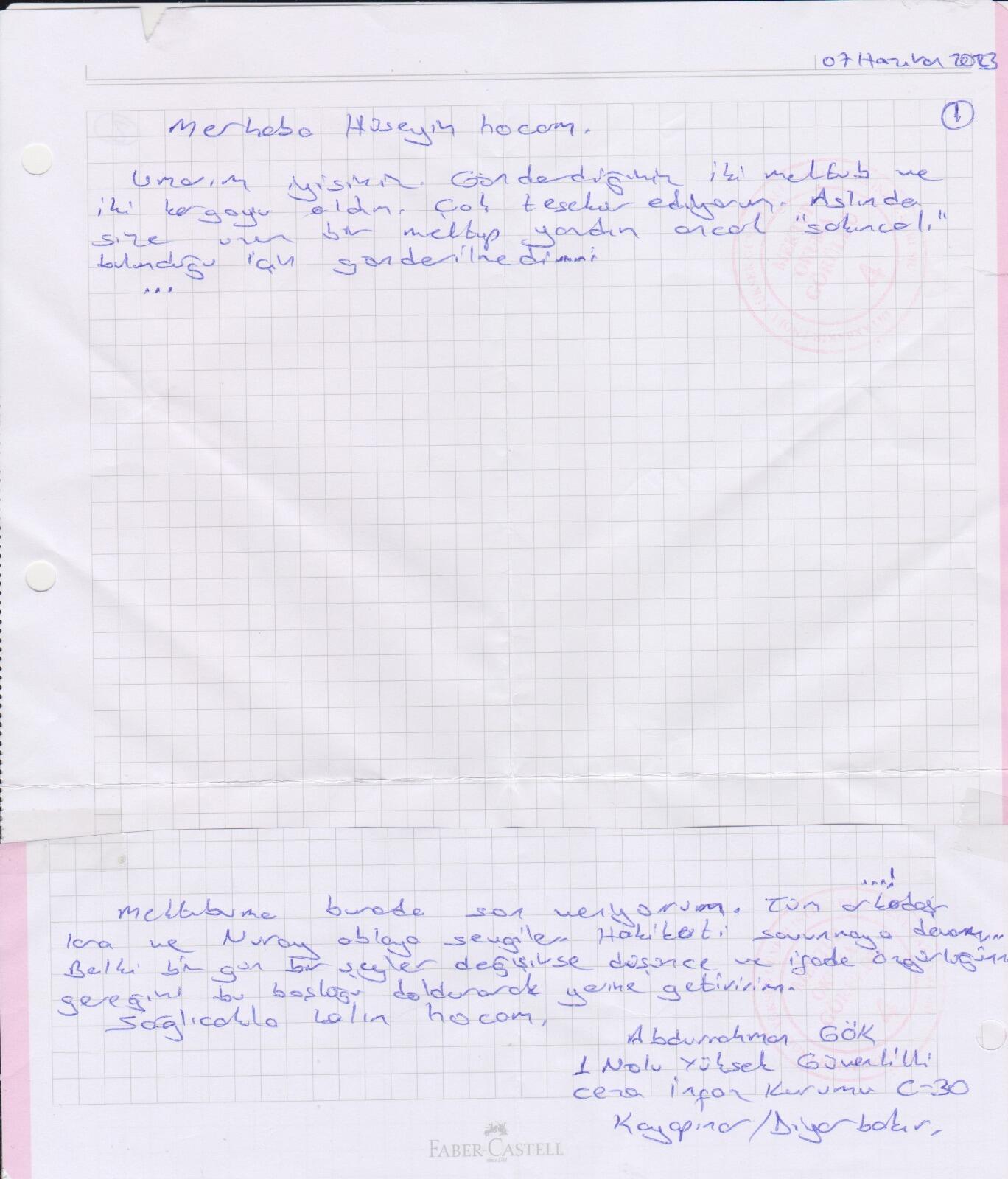 Diyarbakır 1 nolu Yüksek Güvenlikli Cezaevi'nde tutulan gazeteci Abdurrahman Gök'ün, Hüseyin Aykol'a gönderdiği mektup.